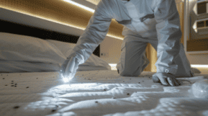 bed bug exterminator working on mattress